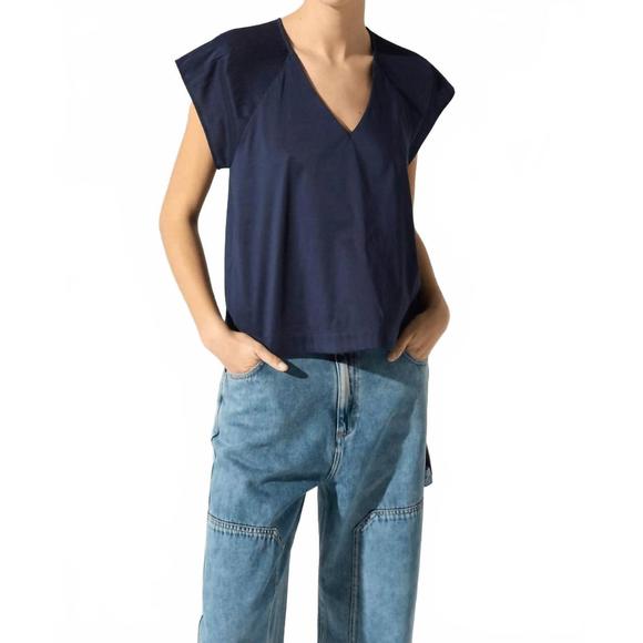 NEW COTELAC v-neck cotton-blend blouse in indigo fonce